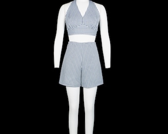 Vintage 1960's Playsuit - Two Piece - High Waisted Shorts - Gingham - Halter - Co-Ord Set - Small / Medium