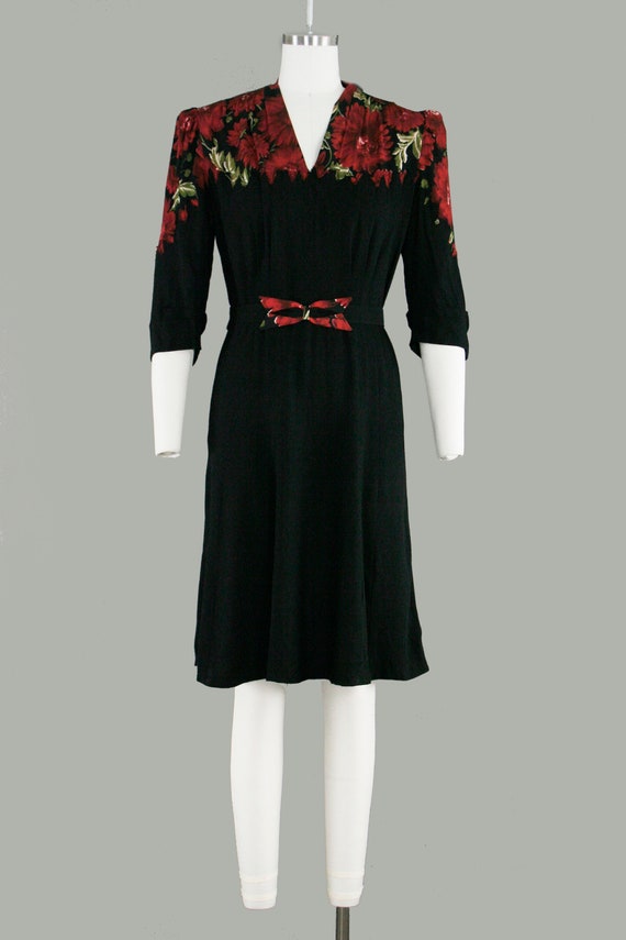 Vintage 1930s Appliqué Dress - Red Rose - Black C… - image 3