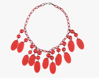 Vintage 1930's Cherry Red Bakelite Ketting - Oval Beads - Plastic Chain - Bungelen - Statement - Zeldzaam