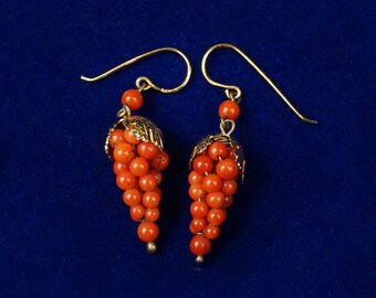 Antique Victorian Coral Earrings - Leaf - Leaves - Gilded Gold - Wire Fish Hook - Beads