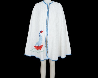 Vintage 1940s Chenille Cape - Beach Cover Up - Sail Boat - White Red Blue - Nautical - Everwear - Small Medium Large