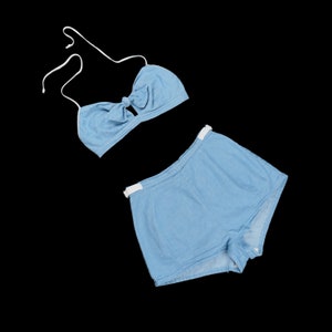 Vintage 1950&#39;s Koret of California Playsuit - Two Piece - High Waisted Shorts - Halter Top - Crop - Medium - Cotton - Denim - Workwear