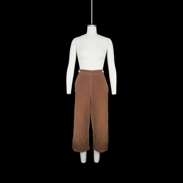 Vintage 1950s Jeans - High Waist - Workwear - Maternity  - Adjustable Waist - Brown Wash - Side Button -  26 28 30 32 in. Waist