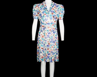 Vintage 1940s Sheer Dress  - Puff Sleeve - Chiffon - Blue Red - Floral - Bias Cut Formal Gown - Small / Medium