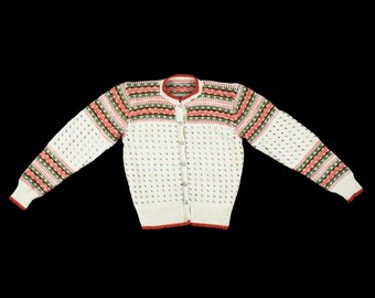 Vintage 1940s Fair Isle Sweater - Button Down Thick Cardigan - Hand Knit Long Sleeve - Crew Neck - Winter - Nordic - Small / Medium