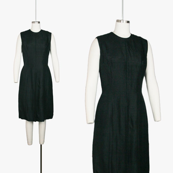 Vintage 1950s Suzy Perette Silk Dress - Crew Neck - Sleeveless - Hostess Gown - High Slit - Black - Small / Medium