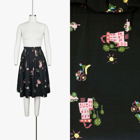 Vintage 1950s Flower Cart Novelty Print Skirt - H… - image 1