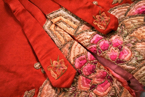 Antique Embroidered Silk Chinese Jacket - Red - S… - image 7