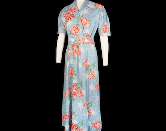 Vintage 1940s Wrap Front Maxi Dress - Rose Print House Dress - Puff Short Sleeve - Collar - Blue - Cotton - Large