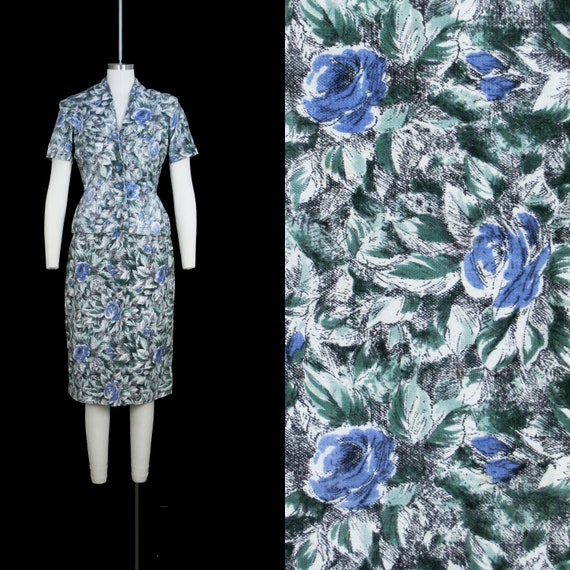 Vintage 1950s Blue Rose Print Suit - V Neck - Jac… - image 1