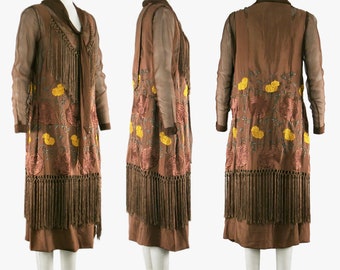 Vintage 1920s Hand Embroidered Piano Shawl Dress - Brown Yellow - Sheer Chiffon - Cape - Fringe - Rose Floral - Extra Small - Rare - OOAK