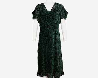 Vintage 1930s Green Velvet Gown - Devore - Leaf Print - Burnout  - Puff Sleeve - NRA Label - Women's Medium Large