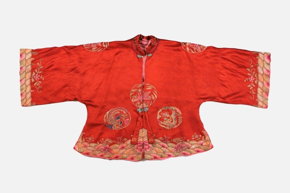 Antique Embroidered Silk Chinese Jacket - Red - S… - image 3