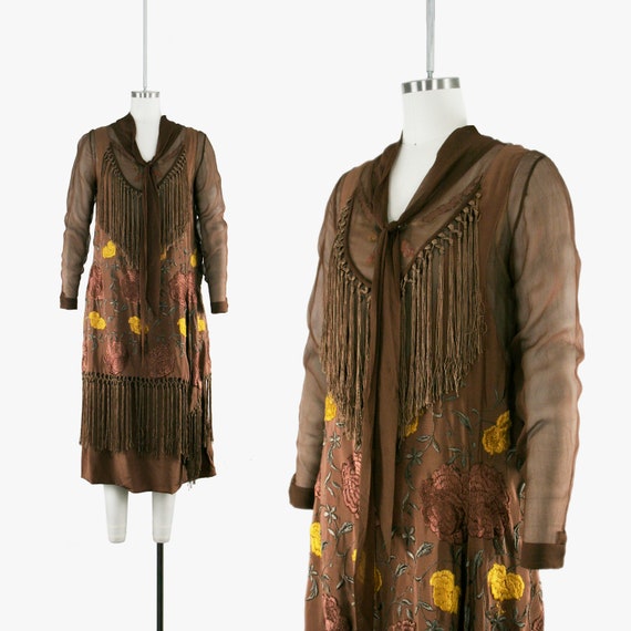 Vintage 1920s Hand Embroidered Piano Shawl Dress … - image 1