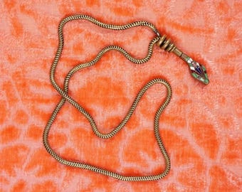 Vintage 1920's Enamel Snake Necklace - Gold Tone - Art Deco - Serpent -  Red White & Green - Rare