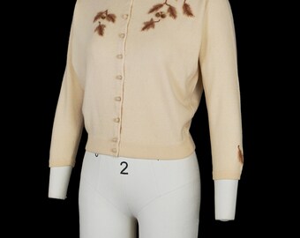 Vintage 1950s Abercrombie Fitch Cardigan Novelty Applique Cashmere  Pringle Leaves Acorn Leaf Medium Large