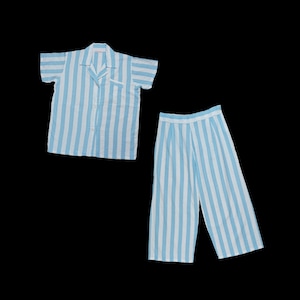 Juego de pijama vintage de la década de 1940 - Blusa abotonada - Pantalones - Raya - Blanco azul - Manga corta - Cuello - Cintura alta - Extra Grande - 34 36 cintura