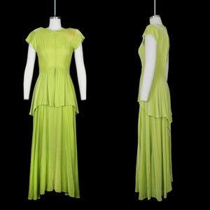 Vintage 1940s Acid Green Velvet Gown -Flounce - Shoulder Pad - Short Sleeve - Women&#39;s Extra Small XS 0