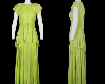Vintage 1940s Acid Green Velvet Gown -Flounce - Shoulder Pad - Short Sleeve - Women&#39;s Extra Small XS 0