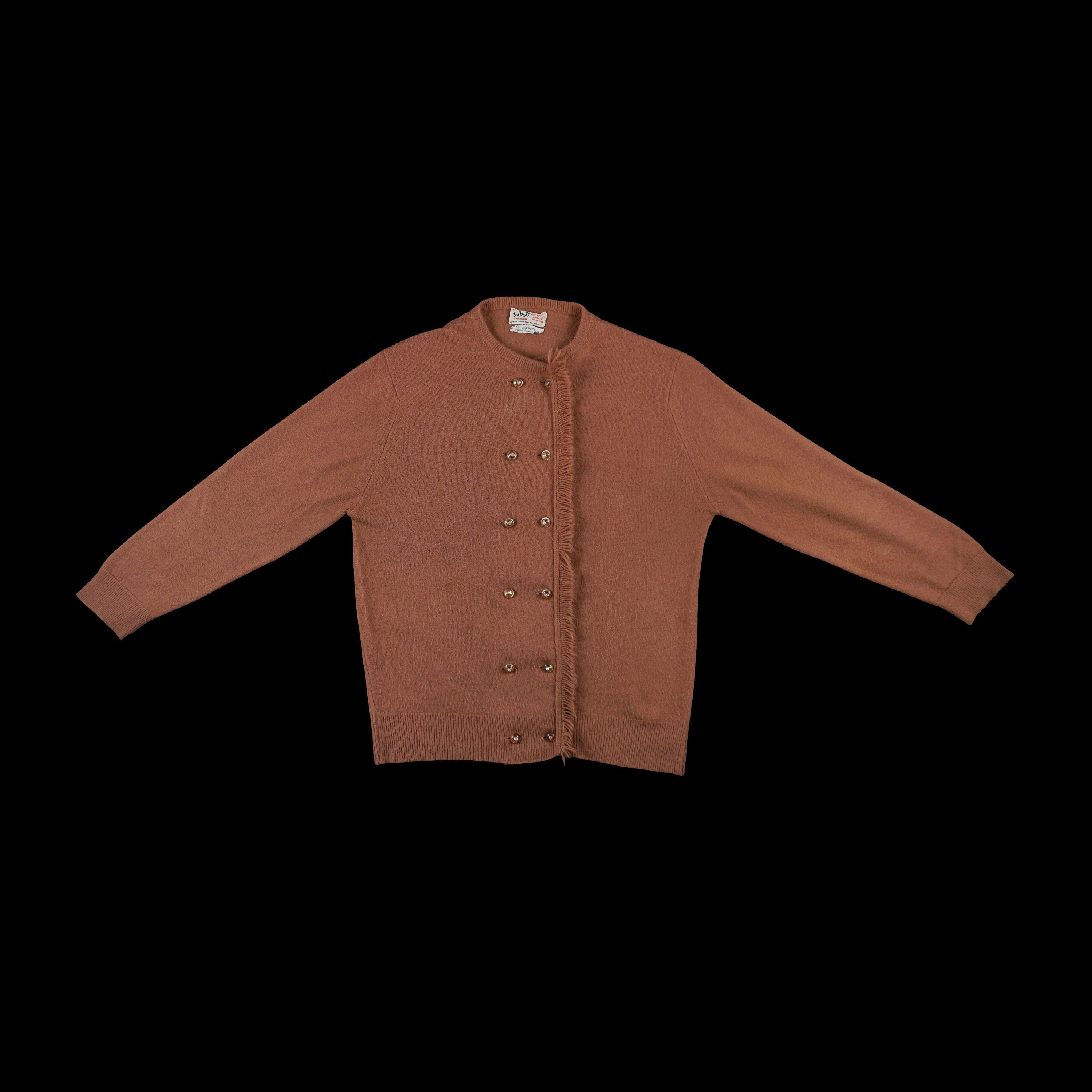 Vintage 1950's Givenchy Sweater Talbott Brown Fringe Crew Neck Cardigan  Long Sleeve Rhinestone Designer Small RARE 