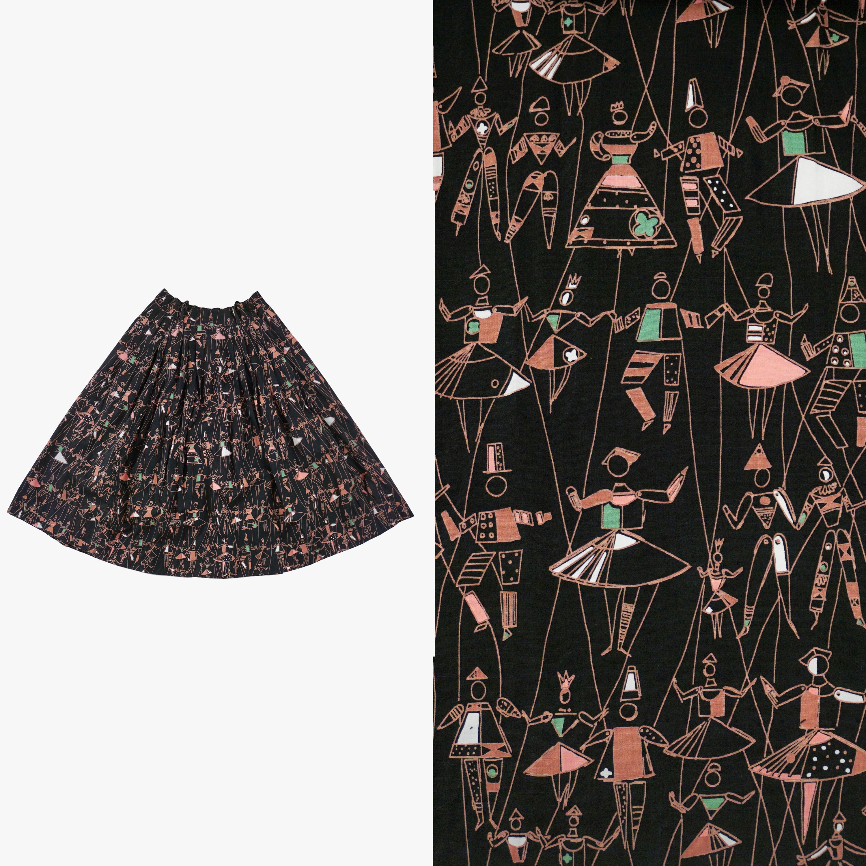 Vintage RARE 1950s Puppet Ballet Print Skirt - Jacqueline Groag- Novelty Pattern - Black - Extra Small - 25 26 in waist