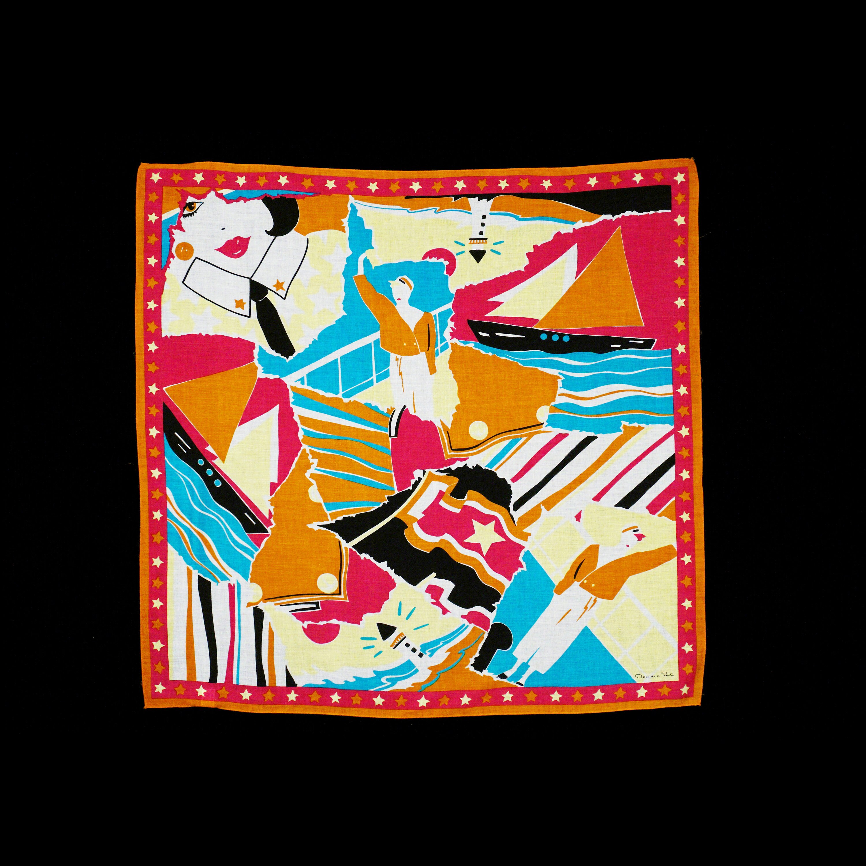 Vintage 1970's Oscar De La Renta Scarf - Mod - OP Art - Pop Art - Nautical Flapper - Lady - Lips Eyes Stars - Cotton - Illustration