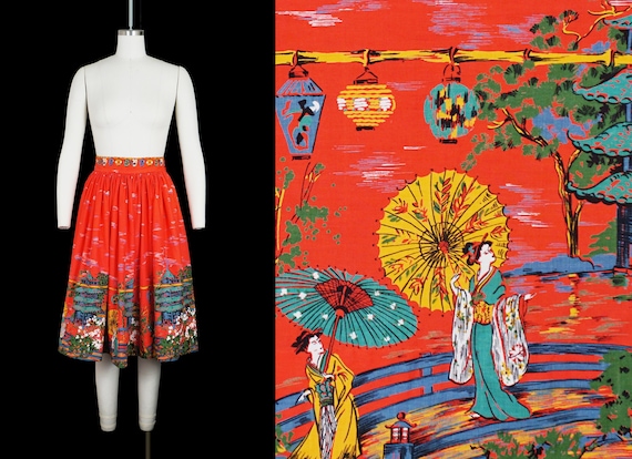 Vintage 1950s Geisha Print Skirt - Pagoda Lantern… - image 1