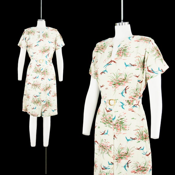 Vintage 1940s Birds & Cranes Novelty Print Dress … - image 1