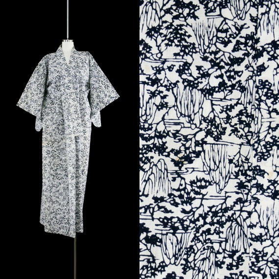 Vintage 1960s Cotton Kimono - Tree Novelty Print -