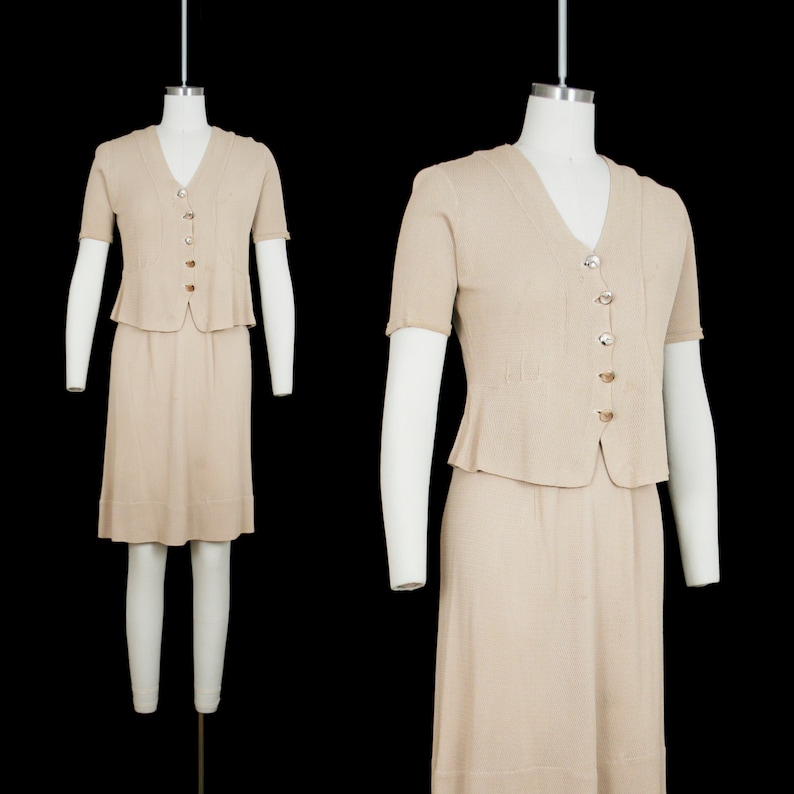 Vintage 1940s Knitwear Skirt Set Short Sleeve Beige Small Blouse Minimal Delicate Knit Suit Deco Button Front