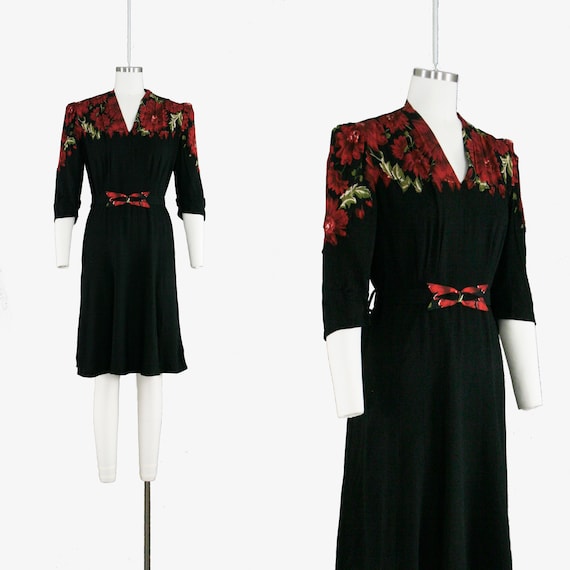 Vintage 1930s Appliqué Dress - Red Rose - Black C… - image 1
