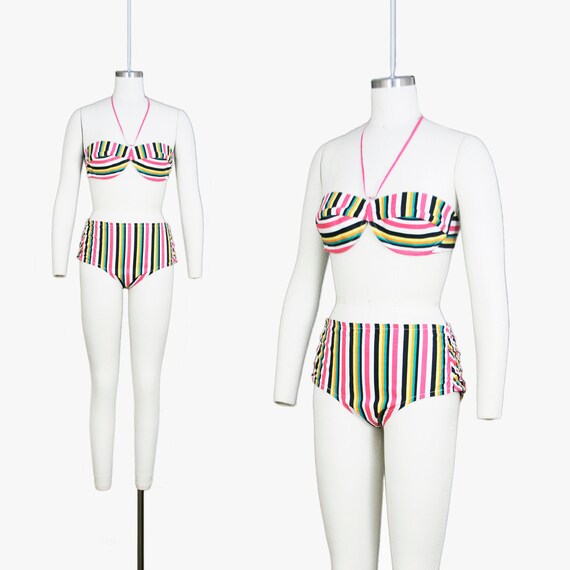 Vintage 1950's Striped Bikini - Swim Suit - Red Bl