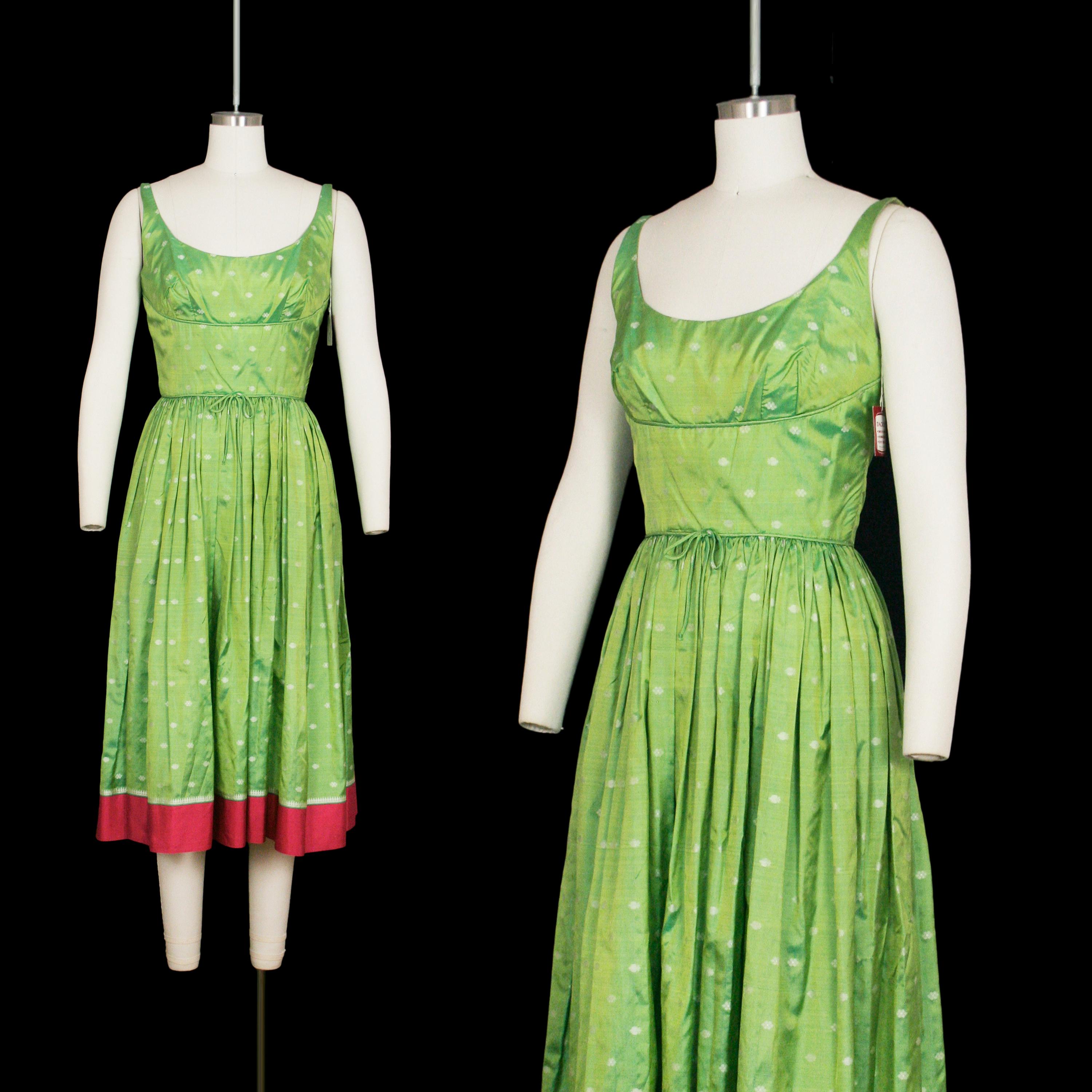 Vintage 1950S Elizabeth Arden Dress - Silk Sari Green Magenta Border Shelf Bust Sleeveless Designer Museum Quality Extra Small