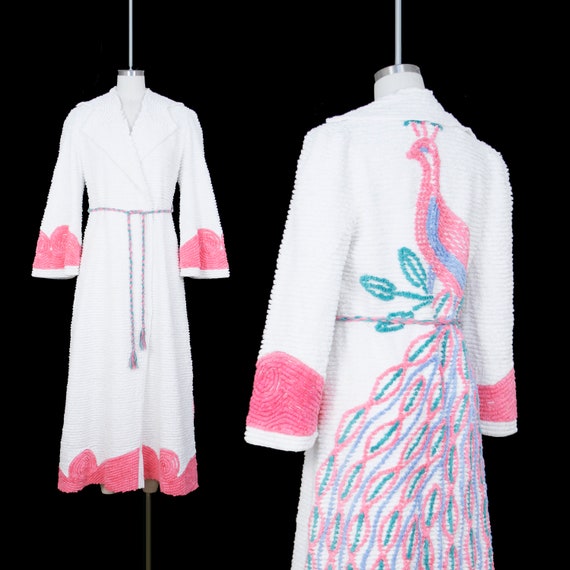 Vintage 1940s Chenille Peacock Robe - Collar - Lon