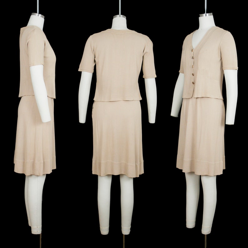 Vintage 1940s Knitwear Skirt Set Short Sleeve Beige Small Blouse Minimal Delicate Knit Suit Deco Button Front