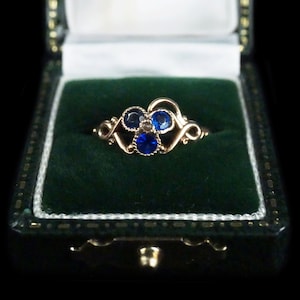 Antique Victorian Clover Ring - 3 Leaf Clover - 14K Gold - Simulation Sapphire - Scroll - Romantic - Size 6 3/4  - Rare