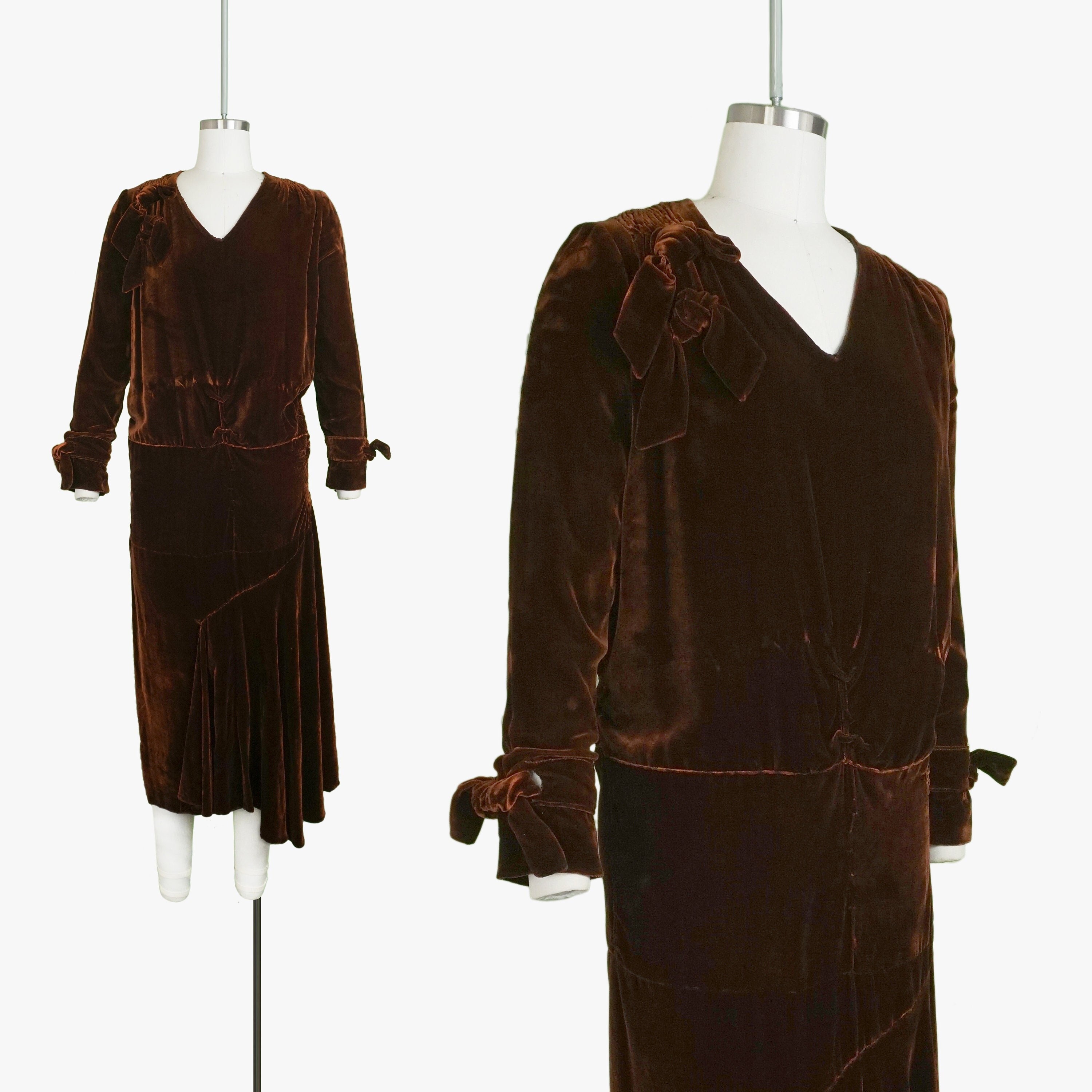Vintage 1920s Brown Velvet Gown - Late 20's Early 30's - Long Sleeve - Ruched - Smocking - Bows - Asymmetrical Hem - Women's Small / Medium
