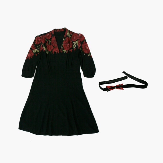 Vintage 1930s Appliqué Dress - Red Rose - Black C… - image 2