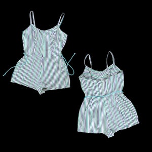 Vintage 1950&#39;s Cole of California Swim Suit - Blue Green White - Stripes - Play Suit Romper - One Piece Bathing Shorts - Medium - 30 Waist