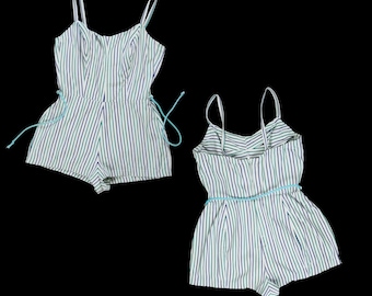 Vintage 1950&#39;s Cole of California Swim Suit - Blue Green White - Stripes - Play Suit Romper - One Piece Bathing Shorts - Medium - 30 Waist