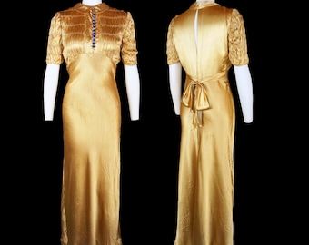 Vintage 1930s Gold Hammered Satin Dress - Ruched - Puff Sleeve - Collar - Rhinestone - Open Back Slit - Formal Gown - Bias Cut - Medium