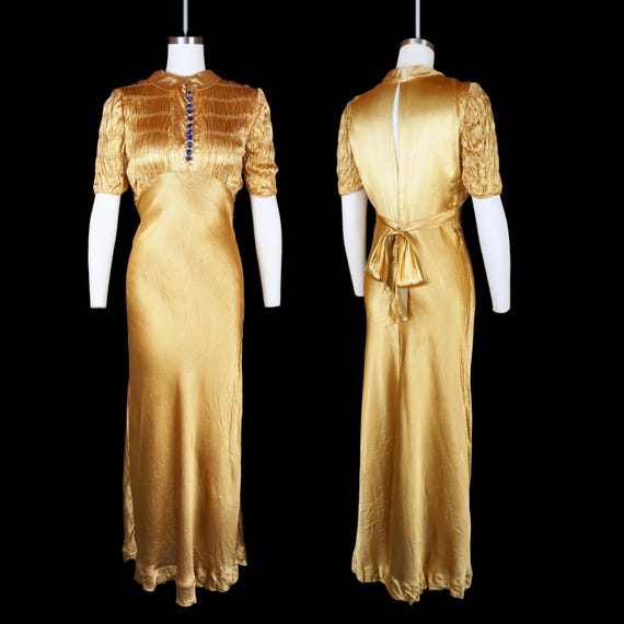 Vintage 1930s Gold Hammered Satin Dress - Ruched - Puff Sleeve - Collar - Rhinestone - Open Back Slit - Formal Gown - Bias Cut - Medium - Etsy Vintage 1930s Gold Hammered Satin Dress - Ruched - Puff Sleeve - Collar - Rhinestone - Open Back Slit - Formal Gown - Bias Cut - Medium - Etsy