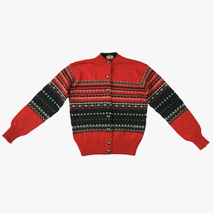 Cardigan Jantzen vintage dos anos 1940 – Fair Isle – Frente com botão – Vermelho Cinza Branco – Médio/Grande – Sz. 40 - Lã