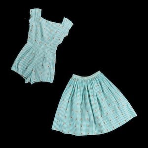 Vintage 1950s Romper & Skirt Set - Blue Gingham - Butterflies - Playsuit  - Jumper - One Piece - XS Small - 25 26 in. Waist - Ready to Wear