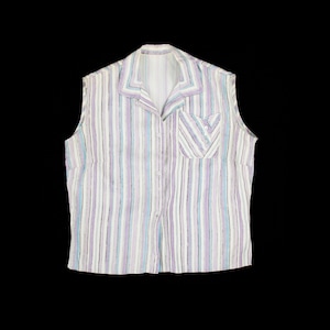 May include: A sleeveless button-up shirt with a striped pattern in shades of white, purple, and blue. The shirt has a collar and a pocket on the left side.