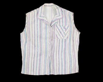 Vintage 1940's Button Front Blouse - Purple & Blue - Stripe - Striped - Pocket - Sleeveless - Shell Tank - Top Loop Button - Medium / Large