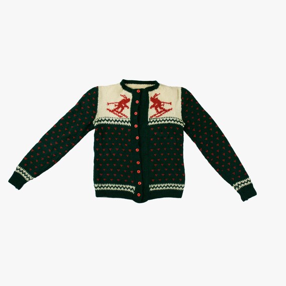 Vintage 1940s Ski Picture Sweater - Button Down -