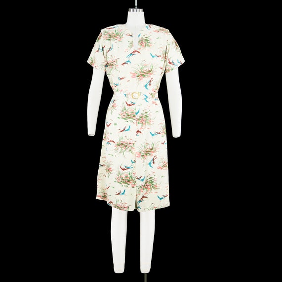 Vintage 1940s Birds & Cranes Novelty Print Dress … - image 3