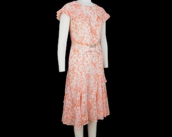 Vintage 1920s Cotton Lawn Dress - Ruffle - Shawl - Sleeveless - Rhinestone Belt - Floral - Small / Medium
