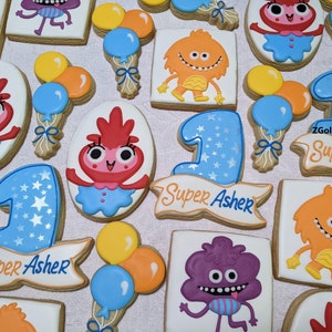 24 Super Simple Songs theme Personalized First Birthday Boy Decorated Cookies, Super Simple Monsters Kids Any Age Birthday Party Favors,